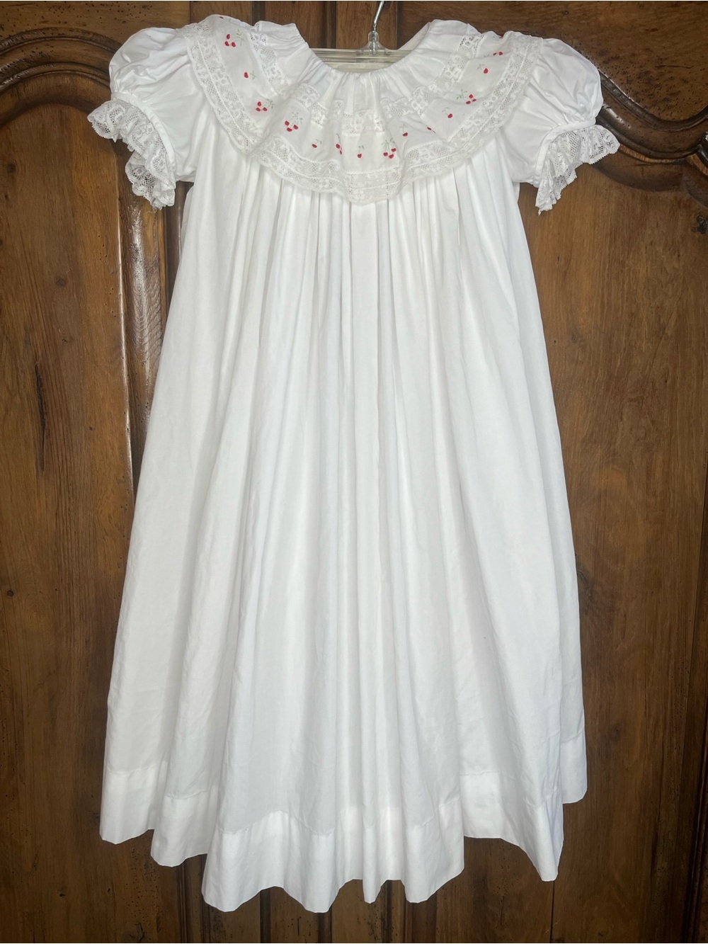 Heirloom Girl's White Bishop Dress Embroidered Cherries Lace Handmade One Size